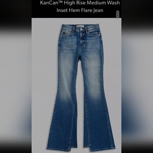 kancan high rise medium wash inset hem flare jean
